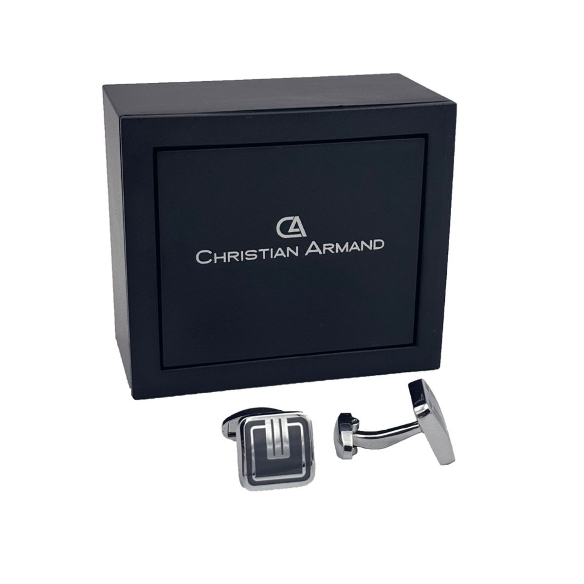 CHRISTIAN ARMAND - JUEGO DE GEMELOS CUADRADOS PLATEADOS CON NEGRO DISEÑO MONOGRAMA