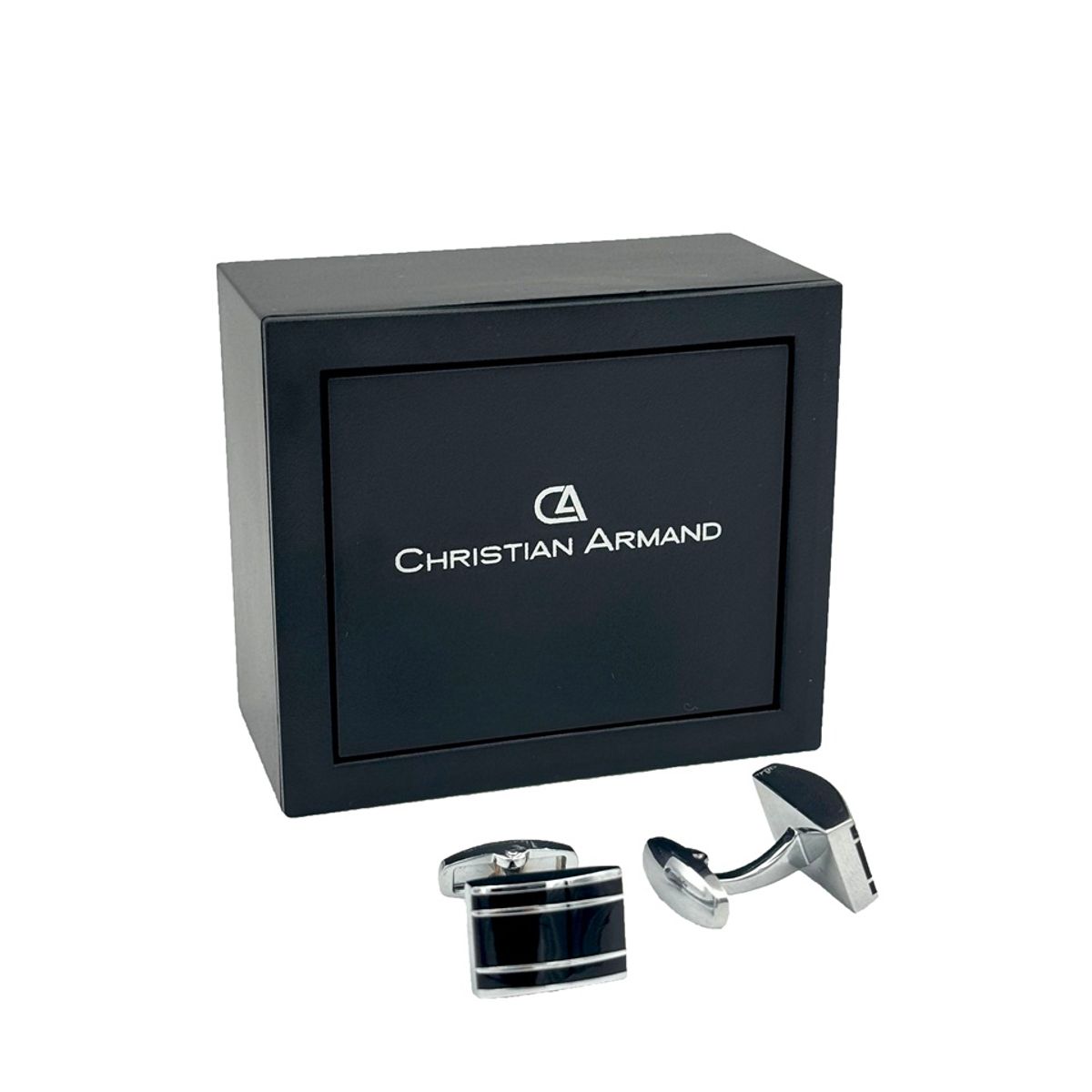 CHRISTIAN ARMAND - JUEGO DE GEMELOS RECTANGULARES PLATEADOS CON BRILLO NEGRO EJECUTIVO