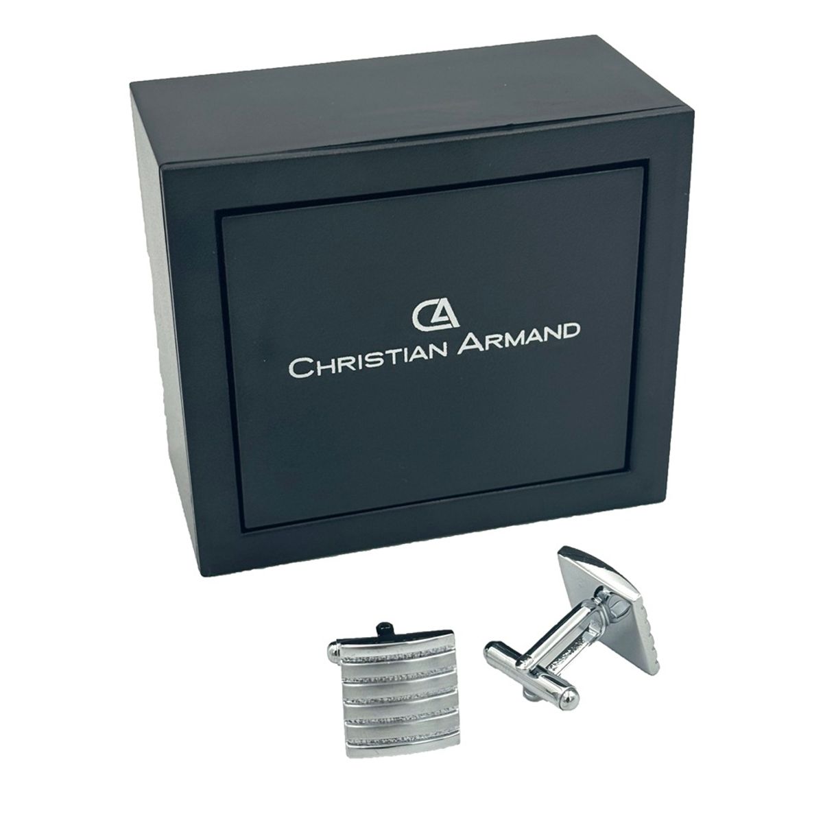CHRISTIAN ARMAND - JUEGO DE GEMELOS PLATEADOS CUADRADOS CON LINEAS GRABADAS