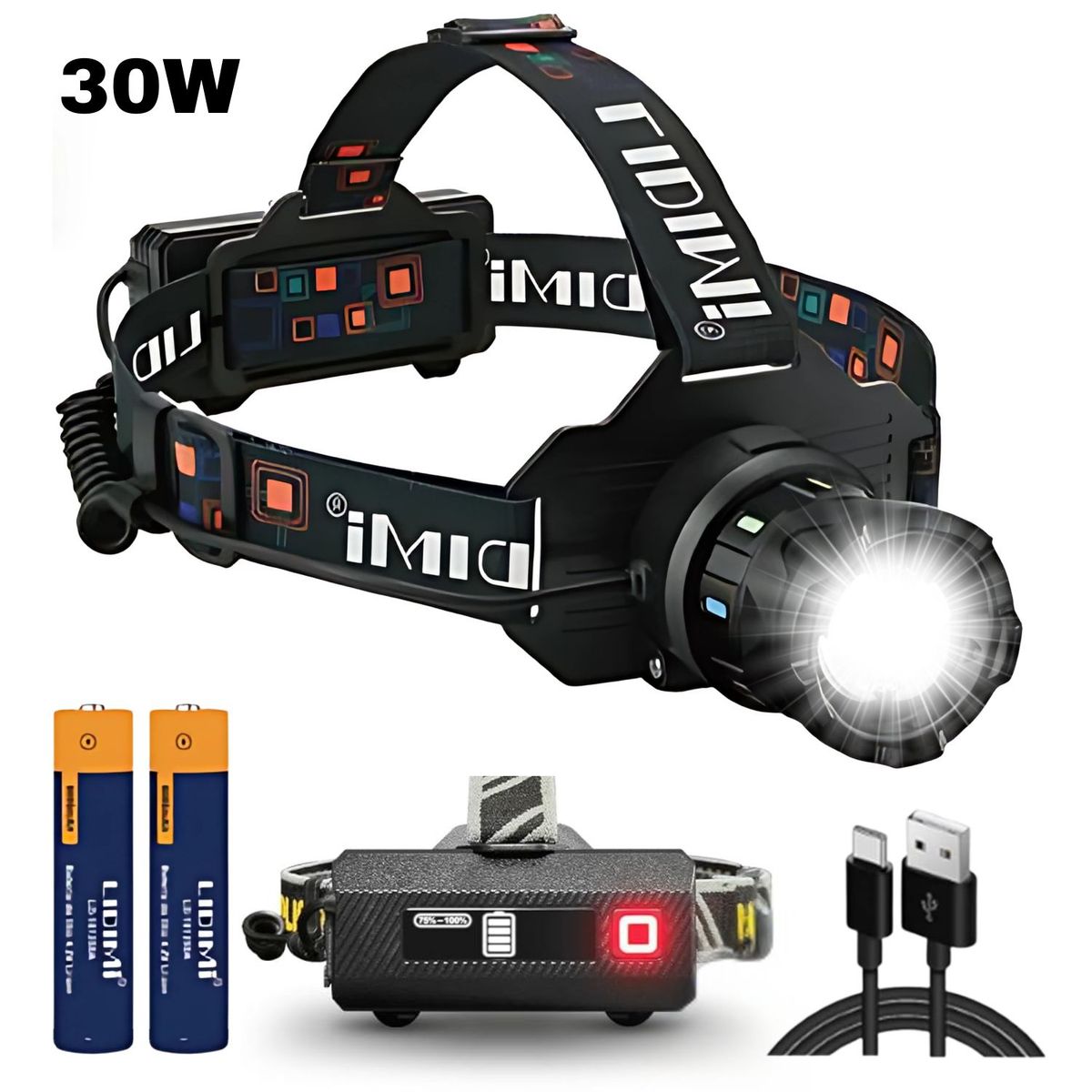 LIDIMI - Linterna Cabeza 30W Lidimi Luz Trasera Power Bank USB C