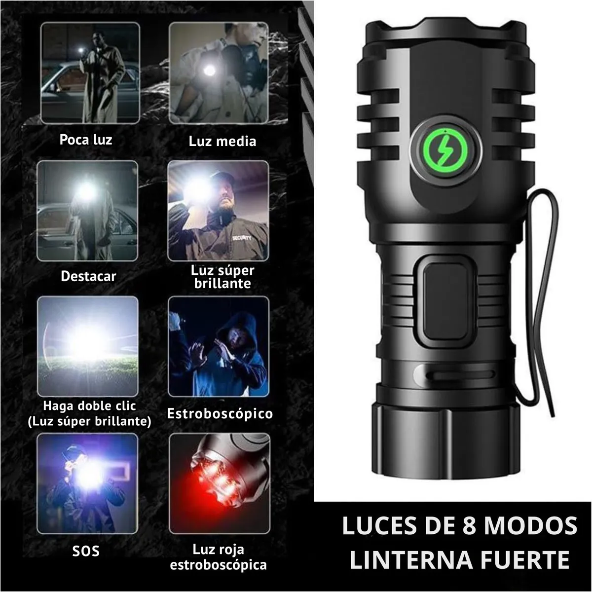 GENERICO - Mini Linterna LED 1000 Lúmenes, Recargable USB-C, 8 Modos