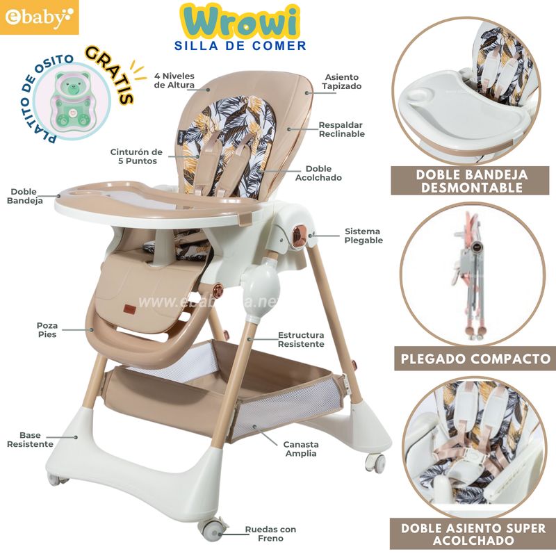 EBABY - Silla de Comer Plegable con Altura ajustable Wrowi Beige