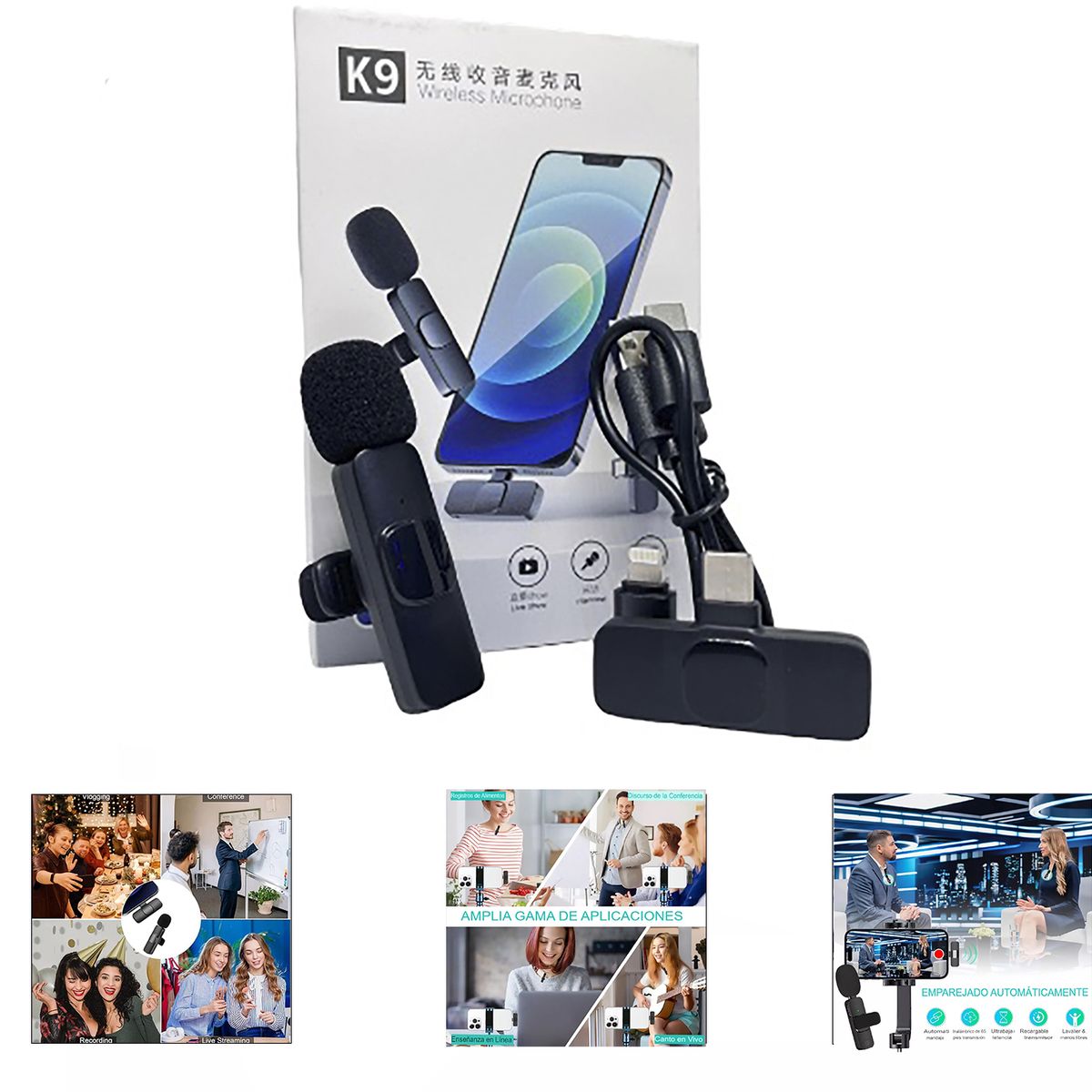 GENERICO - Micrófono Inalámbrico Solapero K9 Compatible con cable iPhone y Tipo C