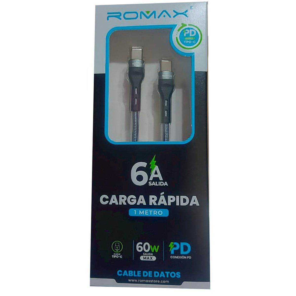 GENERICO - Cable de datos Tipo C - Tipo C 1m -Carga rápida 6A -salida 60W - Gris