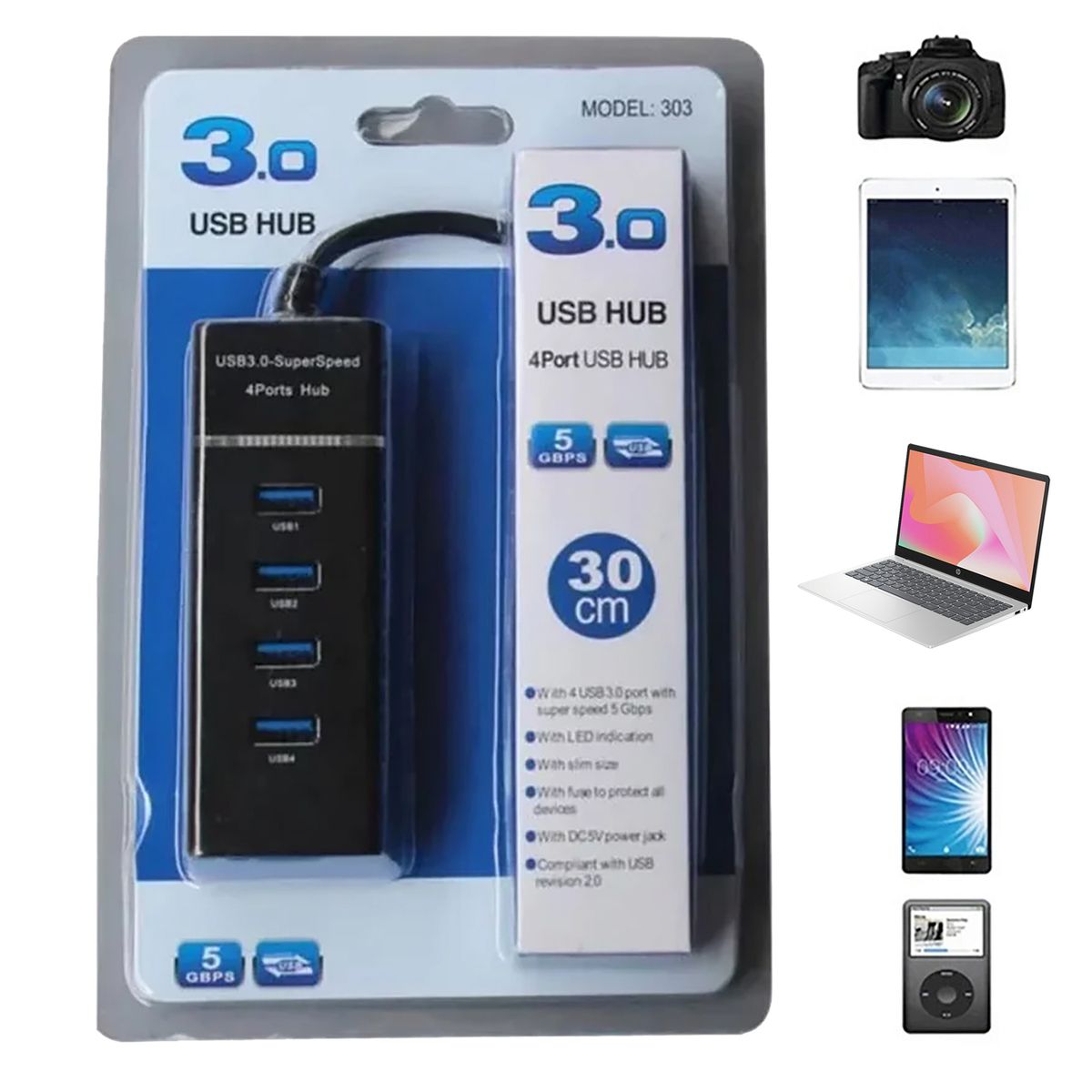 GENERICO - Hub de 4 puertos USB 3.0 de alta velocidad - Negro