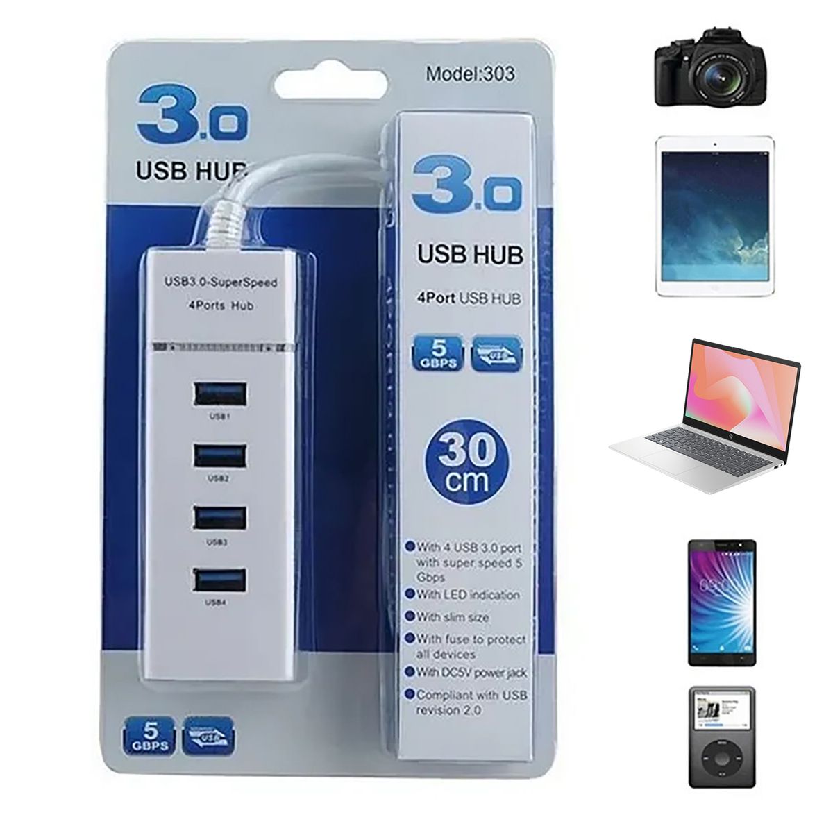 GENERICO - Hub de 4 puertos USB 3.0 de alta velocidad - Blanco