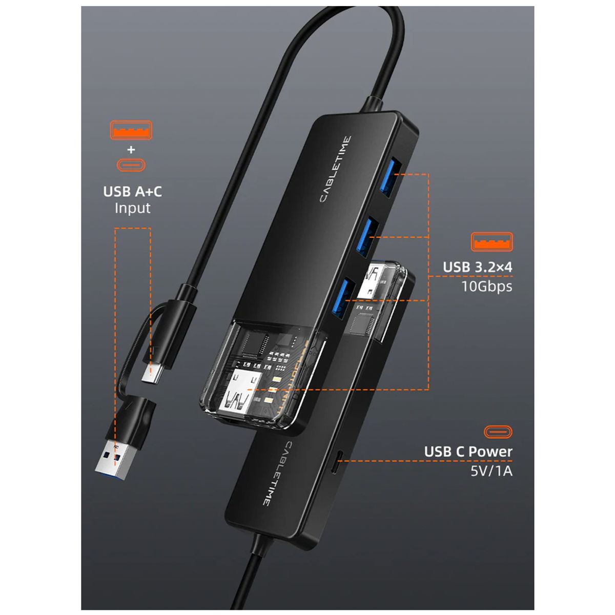 GENERICO - Adaptador USB-A 3.2 Multipuertos 4en1 10Gbps cabletime