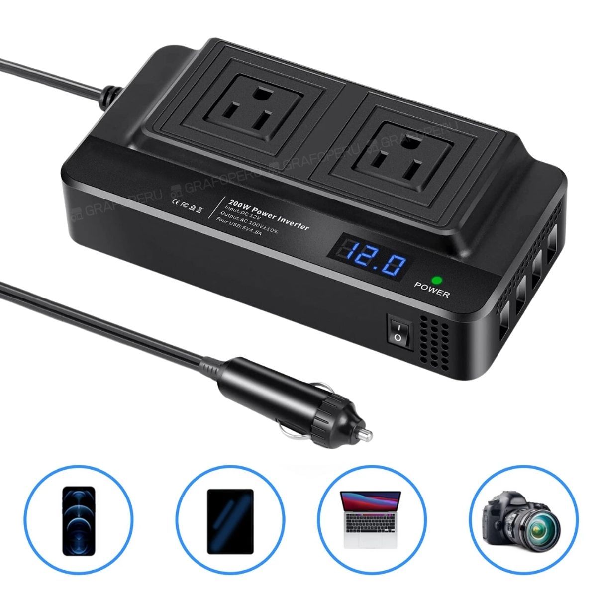 XO - Inversor Corriente Auto 12v a 220v 200w Salida C y USB