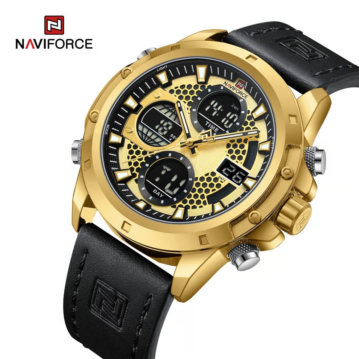 NAVIFORCE - Reloj Naviforce 9225NF Caballero Negro Oro Digital Analógico Cuero