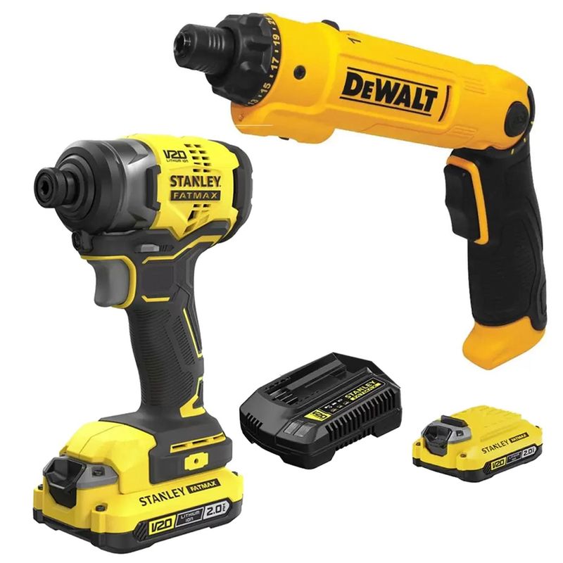 DEWALT - Atornillador 1/4" 8V Dewalt + Atornillador de Impacto 1/4" Hex 20V Fatmax 2 Bat Stanley