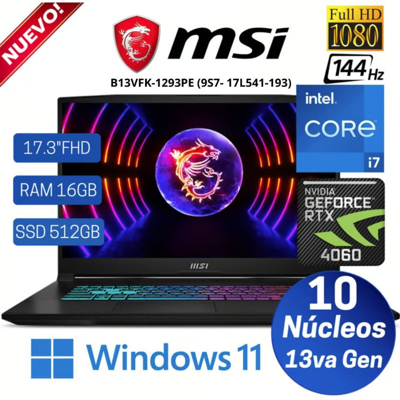 MSI - Laptop MSI KATANA 17 B13VFK 17.3" 1920*1080p Intel® Core i7-13620H 16GB DDR5 512GB SSD RTX 4060