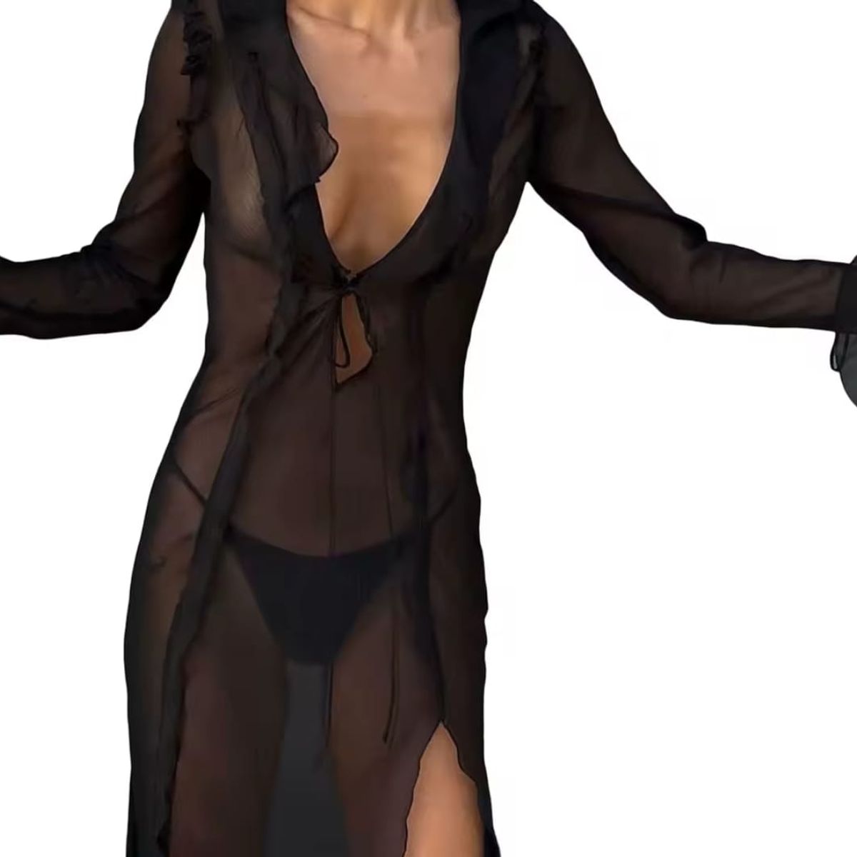 GENERICO - Vestido Negro Largo transparente Sexy Escote V