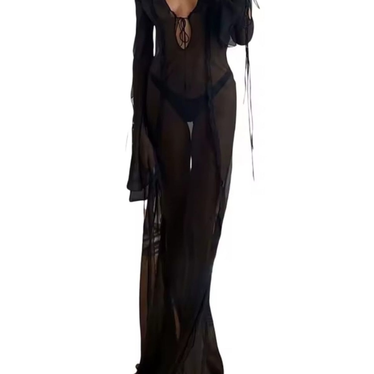 GENERICO - Vestido Negro Largo transparente Sexy Escote V