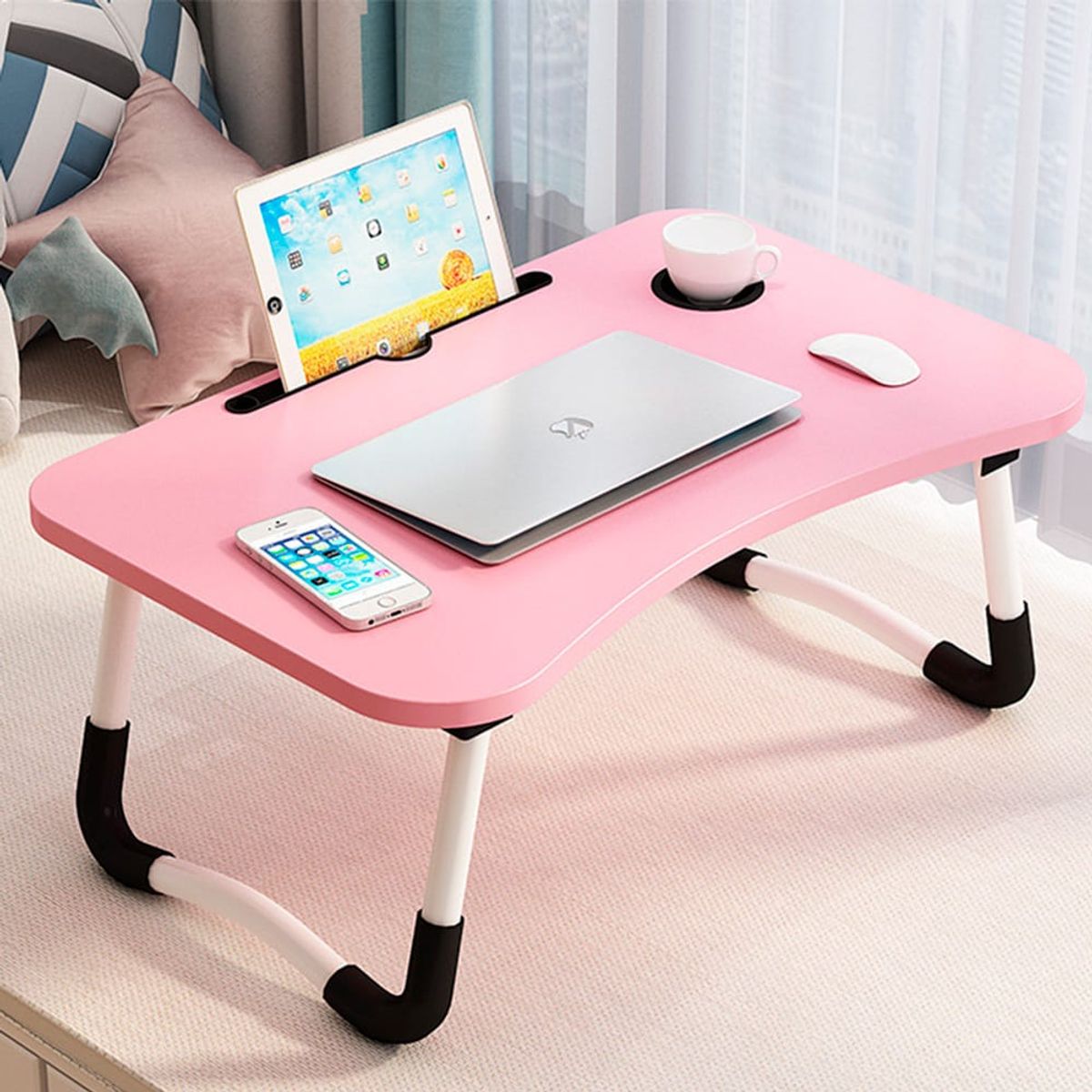 GENERICO - MESA PLEGABLE PARA LAPTOP CON RANURA Y POSAVASOS - ROSADO