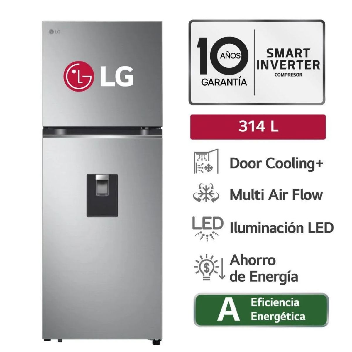 LG - Refrigeradora LG 314 L GT31WPP No-Frost Top Freezer + Dispensador de Agua – Plateado