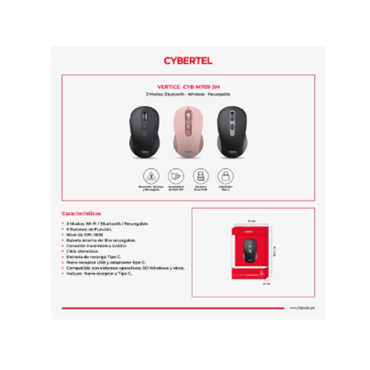 CYBERTEL - Mouse Inalambrico VERTICE CYB M709-3M BT WIFI Negro CYBERTEL