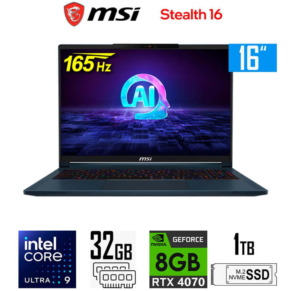 MSI - Laptop MSI STEALTH 16 AI STUDIO CORE ULTRA 9 185H, 32GB RAM, RTX 4070 8GB, 1TB SSD,16" WUXGA 165HZ