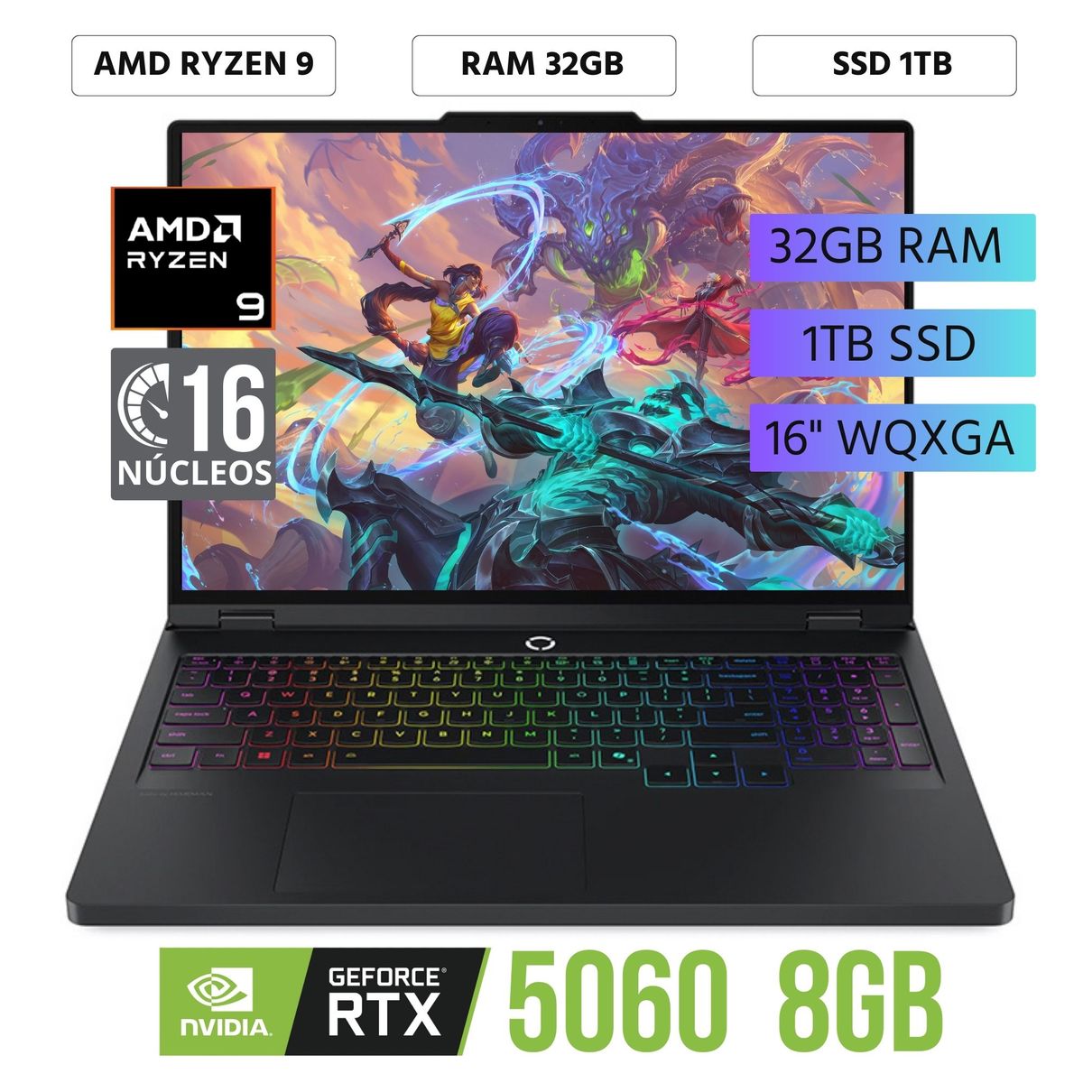 LENOVO - Laptop Lenovo Legion Pro 5 16"WQXGA, AMD Ryzen 9 8945HX, Ram 32GB, SSD 1TB, RTX 5060 8GB, FreeDos