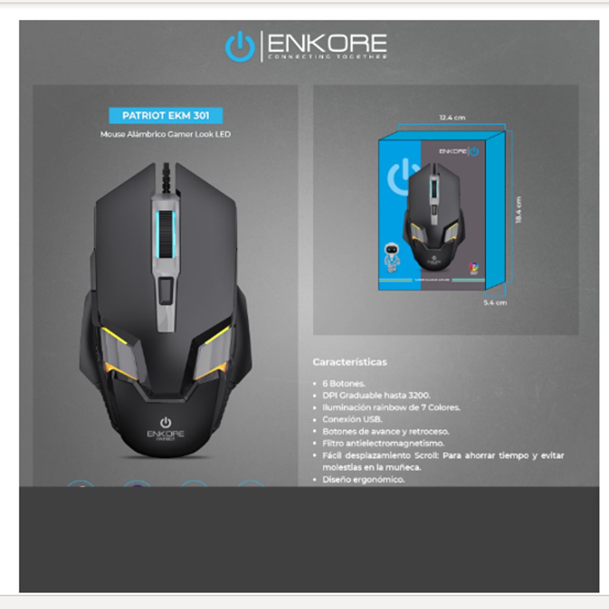 ENKORE - Mouse Gamer PATRIOT EKM301 USB 7LEDS 7B 3200DPI ENKORE