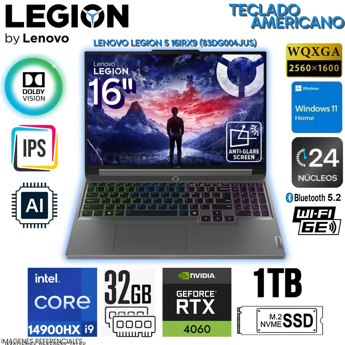 LENOVO - Laptop Gamer Americana LEGION 5 16IRX9 CORE I9 14900HX 32GB RAM 1TB SSD 8GB RTX4060 16" 83DG004JUS