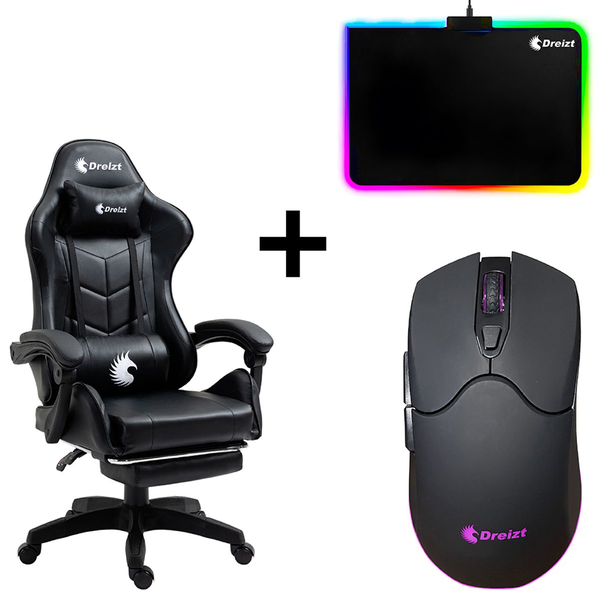 DREIZT - Combo Silla Gamer Shine Series Negro + Mouse RGB + Mousepad RGB