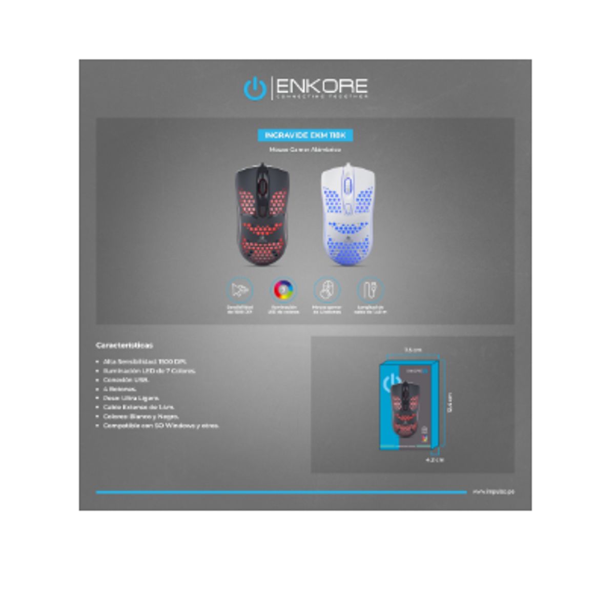 ENKORE - Mouse Gamer INGRAVIDE EKM118K USB 7LEDS 4B Blanco ENKORE