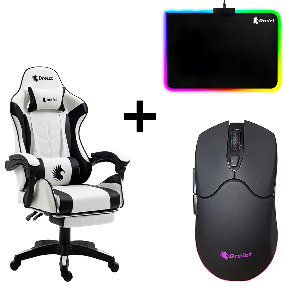DREIZT - Combo Silla Gamer Shine Series Blanco + Mouse RGB + Mousepad RGB