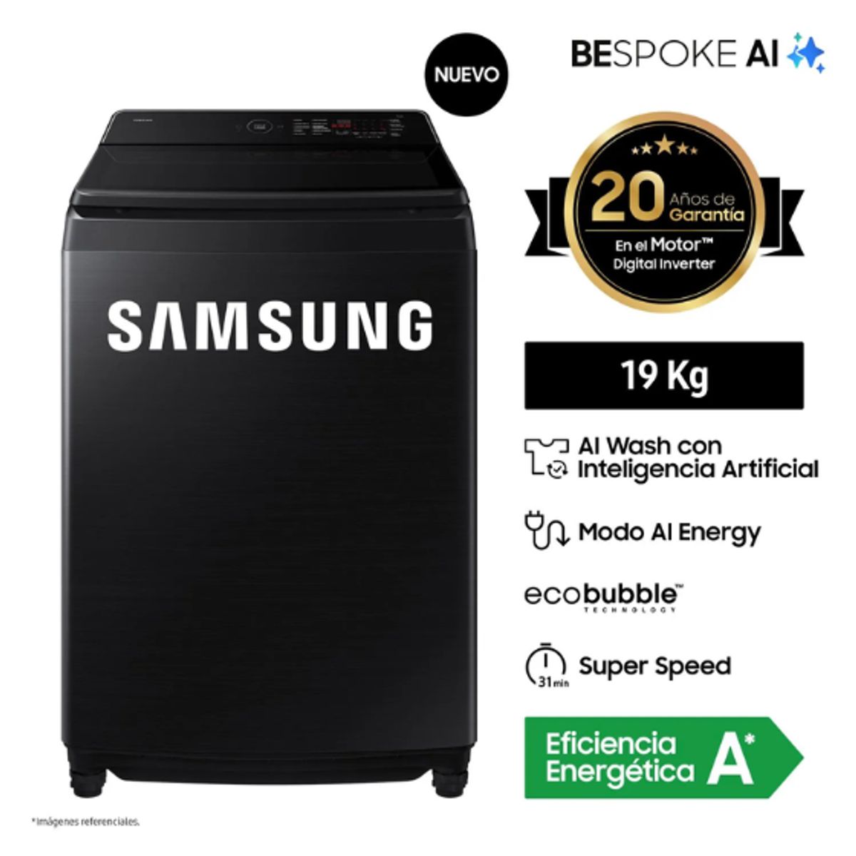 SAMSUNG - Lavadora SAMSUNG 19KG AI Wash EcoBubble WA80F19S8BPE Negra