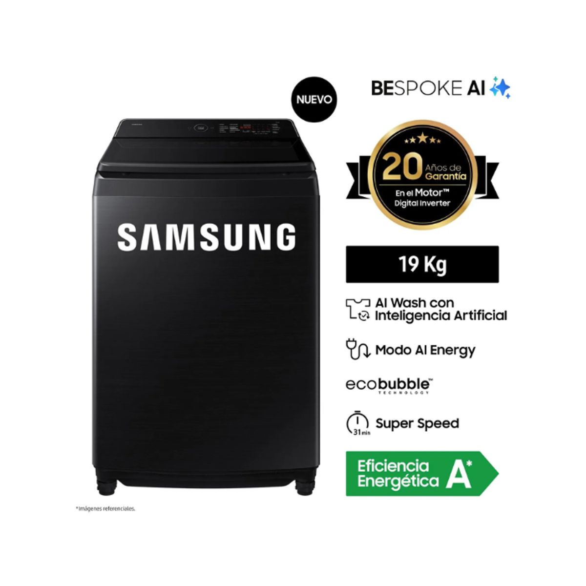 SAMSUNG - Lavadora SAMSUNG 19KG AI Wash EcoBubble WA80F19S8BPE Negra
