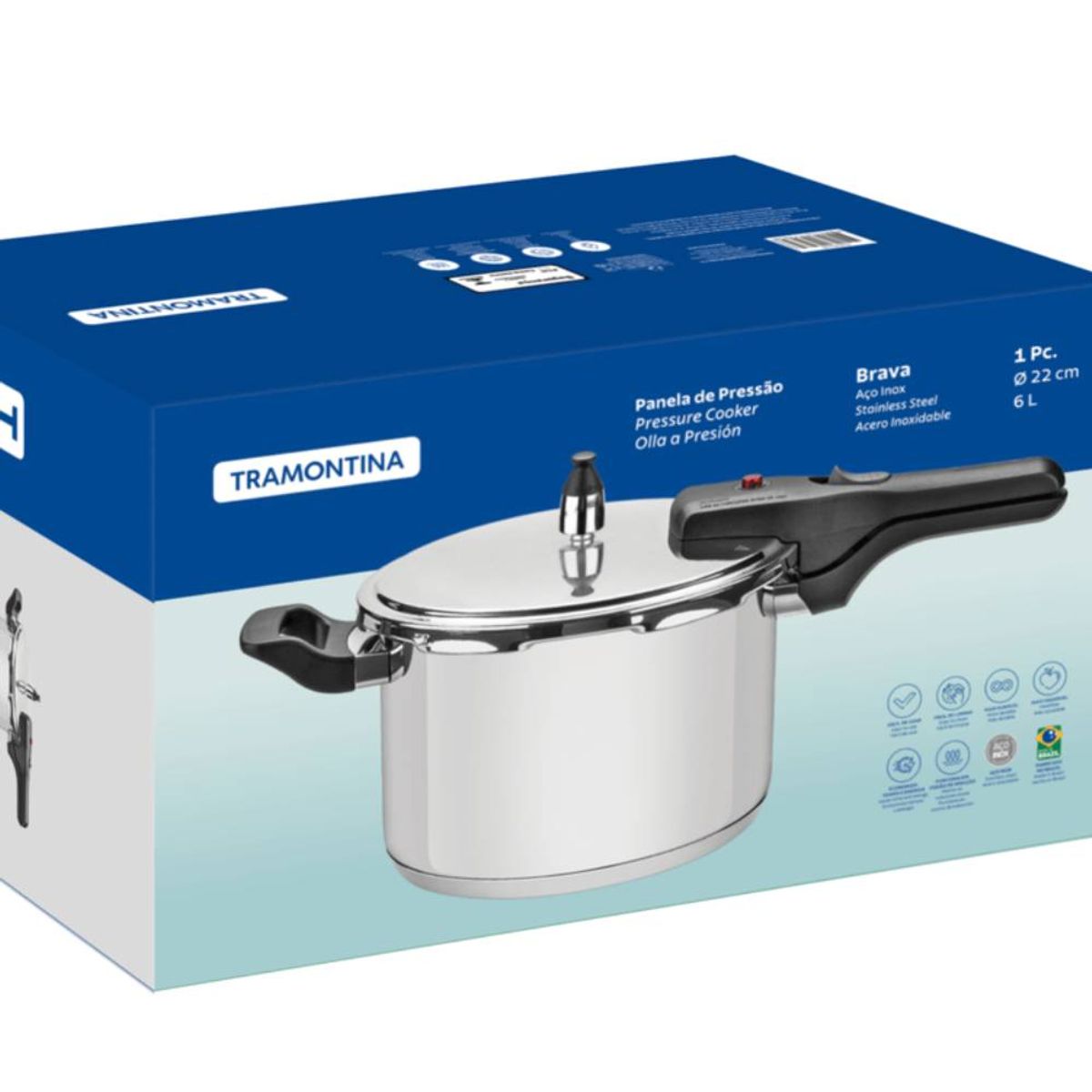 TRAMONTINA - Olla a Presión Tramontina Brava en Acero Inoxidable con Fondo Triple 22 cm 6 L