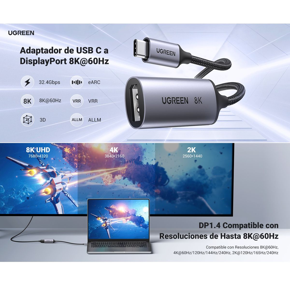 UGREEN - Adaptador 8K 60Hz USB-C Displayport hembra Thunderbolt Ugreen - 15575