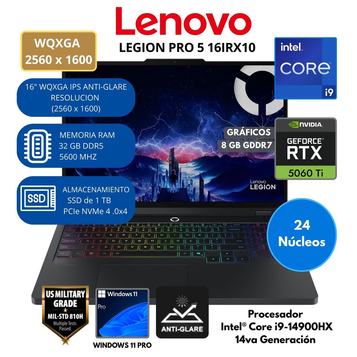 LENOVO - Laptop Lenovo Intel Core i9 (LEGION PRO5 16IRX10) RAM 32 GB SSD 1 TB 16" WQXGA IPS Windows 11