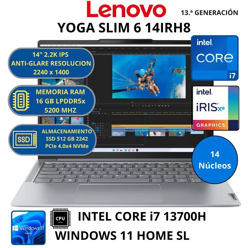 LENOVO - Laptop Lenovo YOGA SLIM 6 14IRH8 INTEL CORE i7-RAM 16 GB SSD 512 GB 14" 2.2K IPS WINDOWS 11