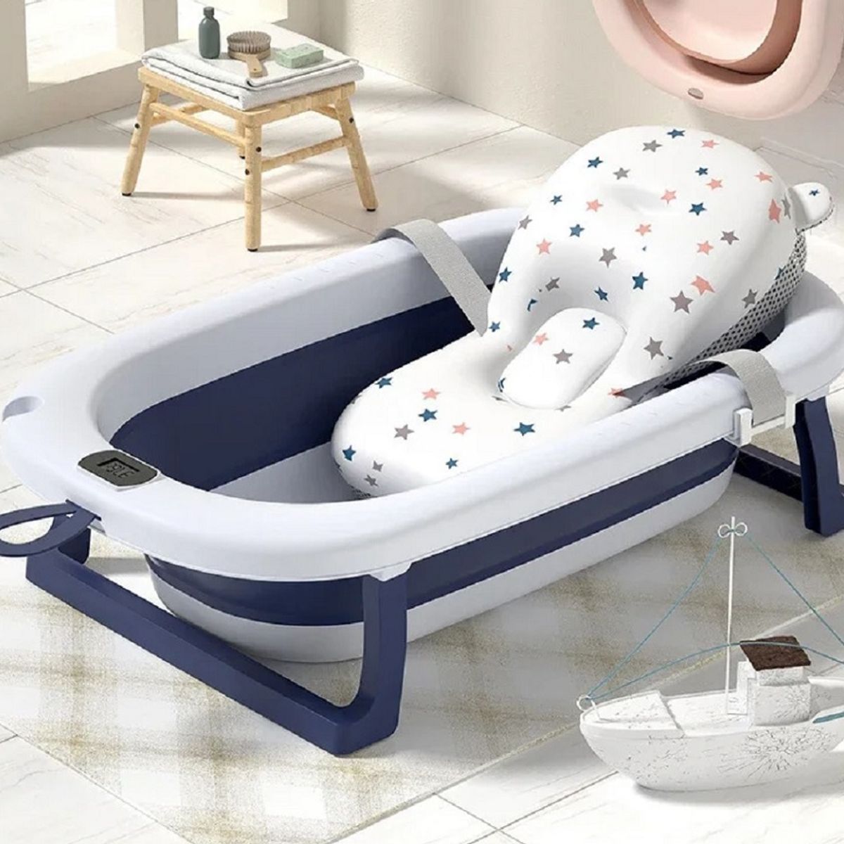 GENERICO - BAÑERA PLEGABLE CON TERMOMETRO MAS COJIN PARA BEBE  CELESTE