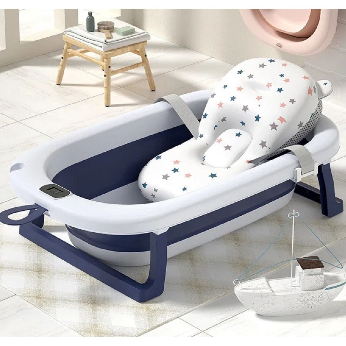 GENERICO - BAÑERA PLEGABLE CON TERMOMETRO MAS COJIN PARA BEBE  CELESTE