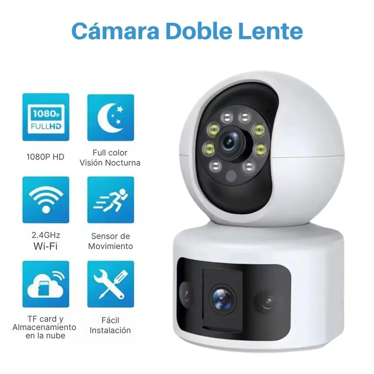 GENERICO - Cámara de Seguridad Doble Lente FHD 360° Visión Nocturna Sensor de Movimiento