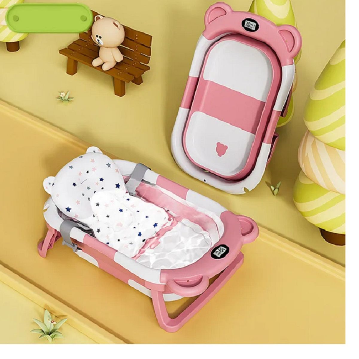GENERICO - BAÑERA PLEGABLE CON TERMOMETRO MAS COJIN PARA BEBES ROSADO