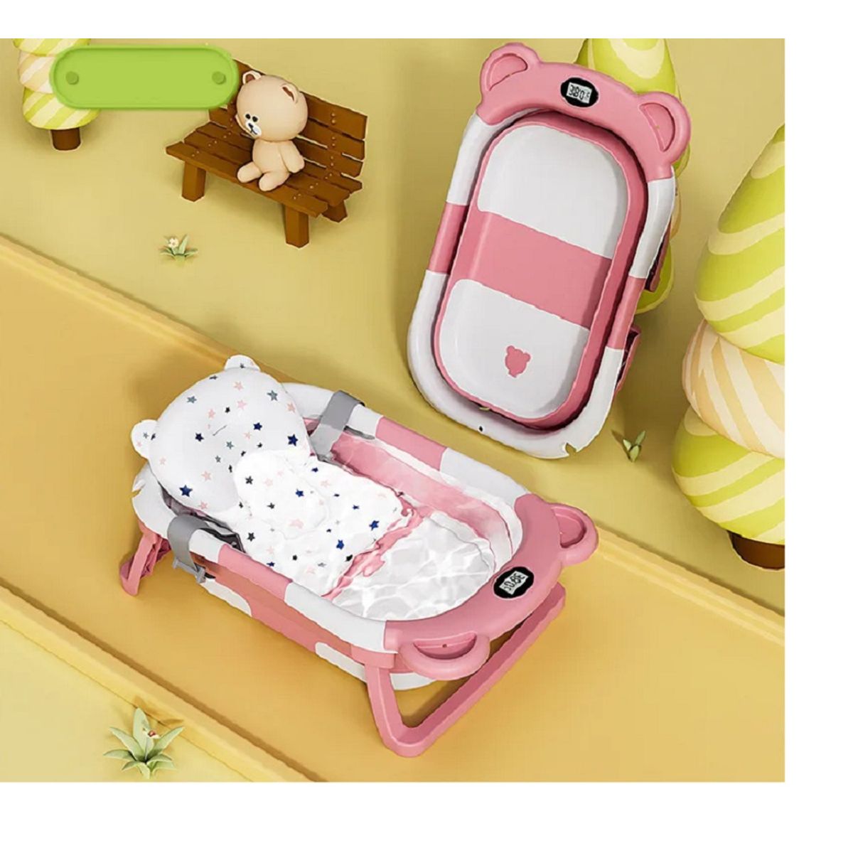 GENERICO - BAÑERA PLEGABLE CON TERMOMETRO MAS COJIN PARA BEBES ROSADO