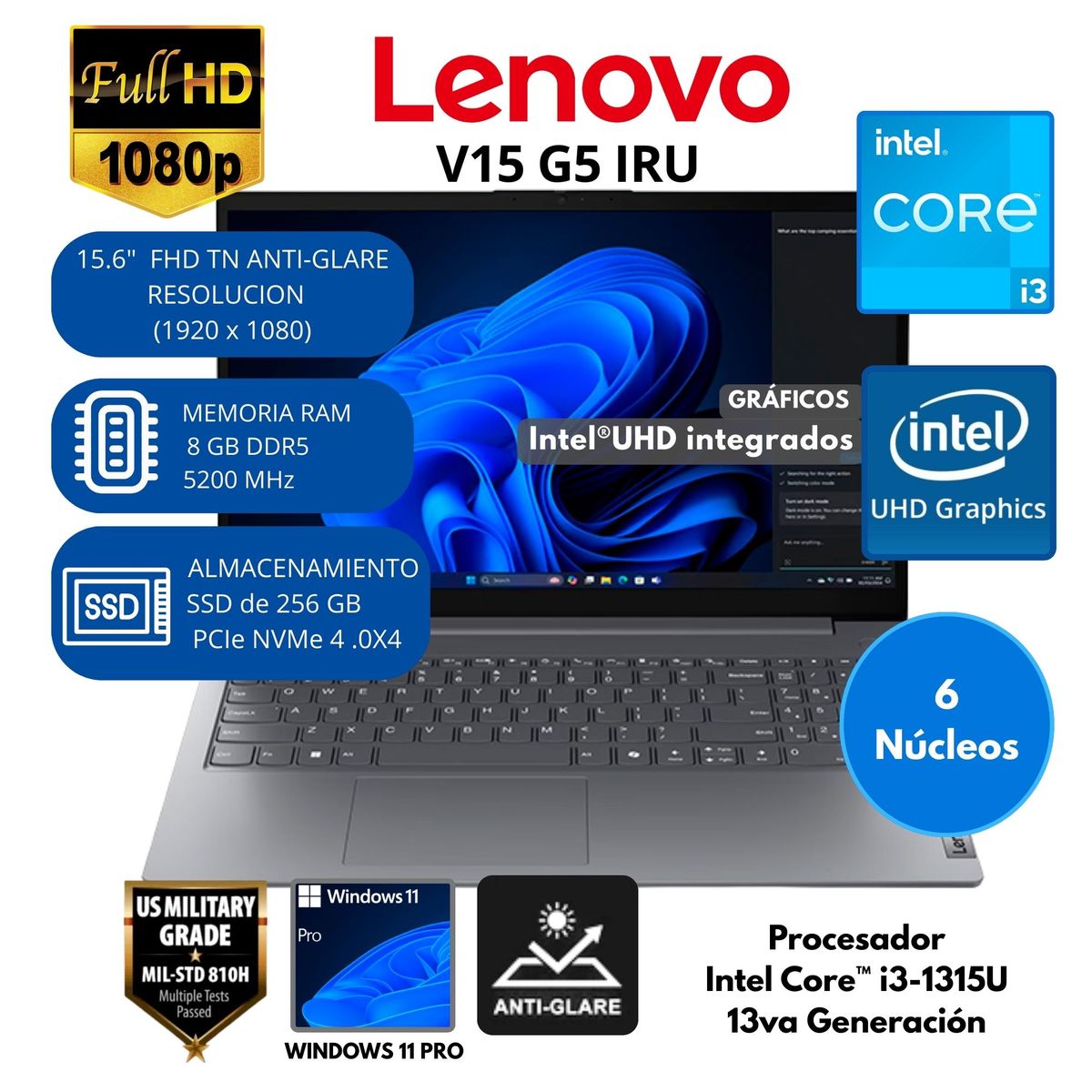 LENOVO - Laptop Lenovo Intel Core i3(V15 G5 IRU) RAM 8 GB SSD 256 GB 15.6" FHD Windows 11
