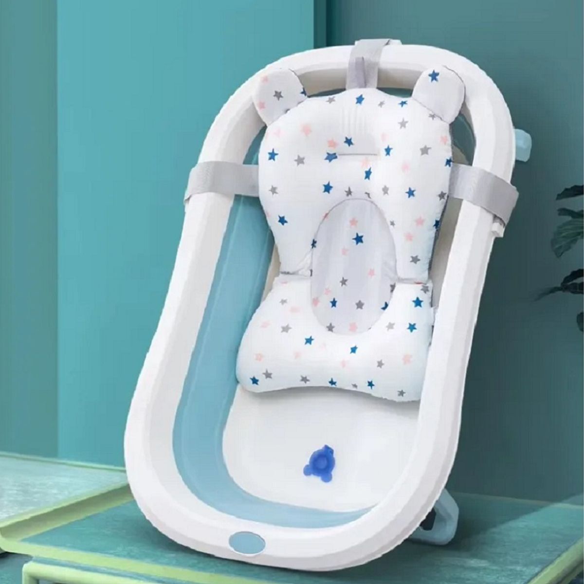GENERICO - BAÑERA PLEGABLE CON TERMOMETRO MAS COJIN PARA BEBES CELESTE