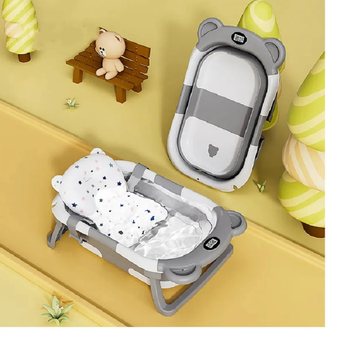 GENERICO - BAÑERA PLEGABLE CON TERMOMETRO MAS COJIN PARA BEBES CELESTE