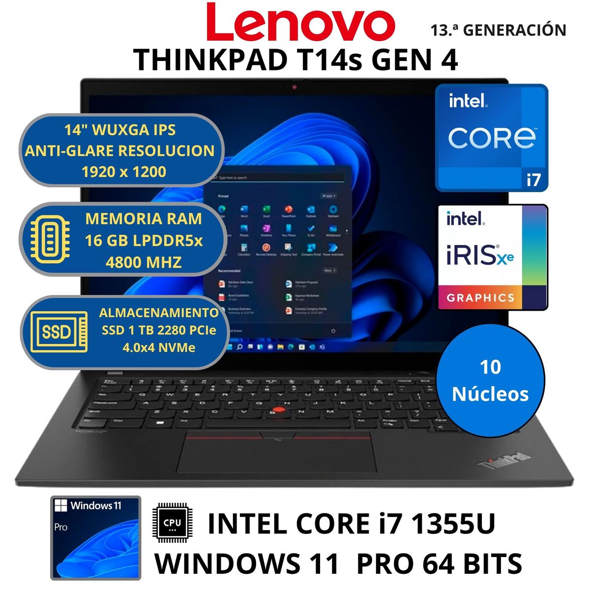 LENOVO - Laptop Lenovo THINKPAD T14s GEN 4 INTEL CORE i7-RAM 16 GB SSD 1 TB WINDOWS 11