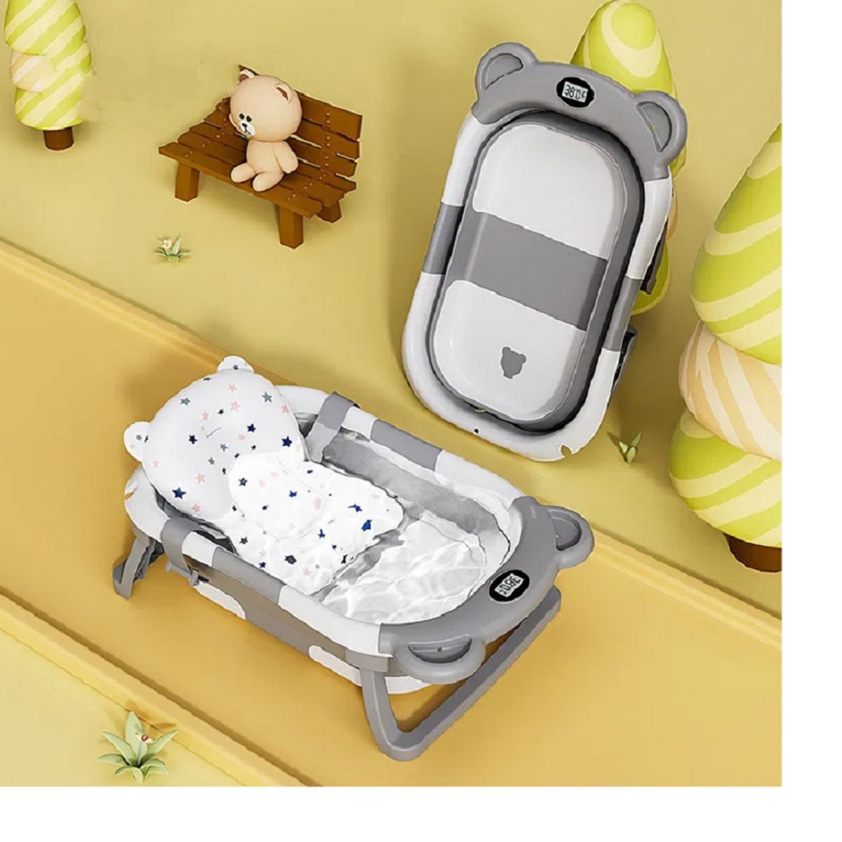 GENERICO - BAÑERA PLEGABLE CON TERMOMETRO MAS COJIN PARA BEBES GRIS