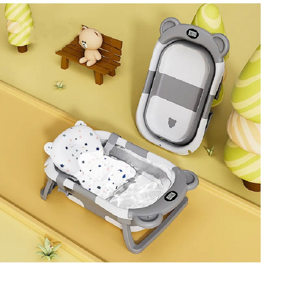 GENERICO - BAÑERA PLEGABLE CON TERMOMETRO MAS COJIN PARA BEBES GRIS