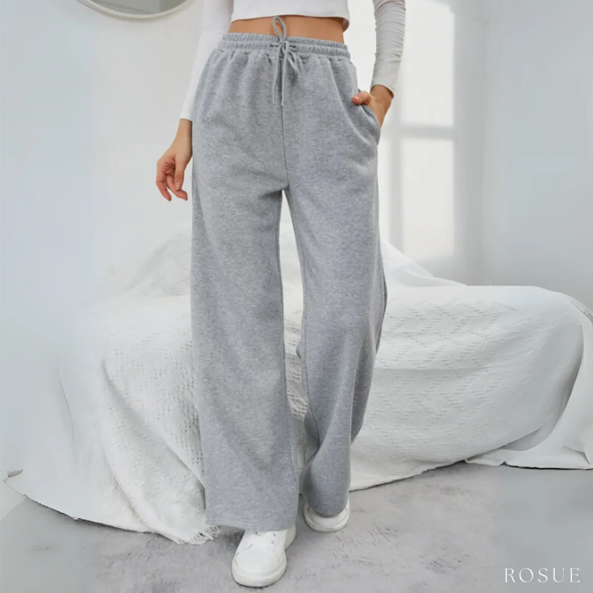 ROSUE - Pantalón Buzo de Franela con Bolsillos Mujer