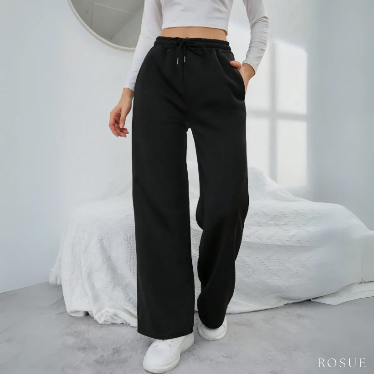 ROSUE - Pantalón Buzo de Franela con Bolsillos Mujer