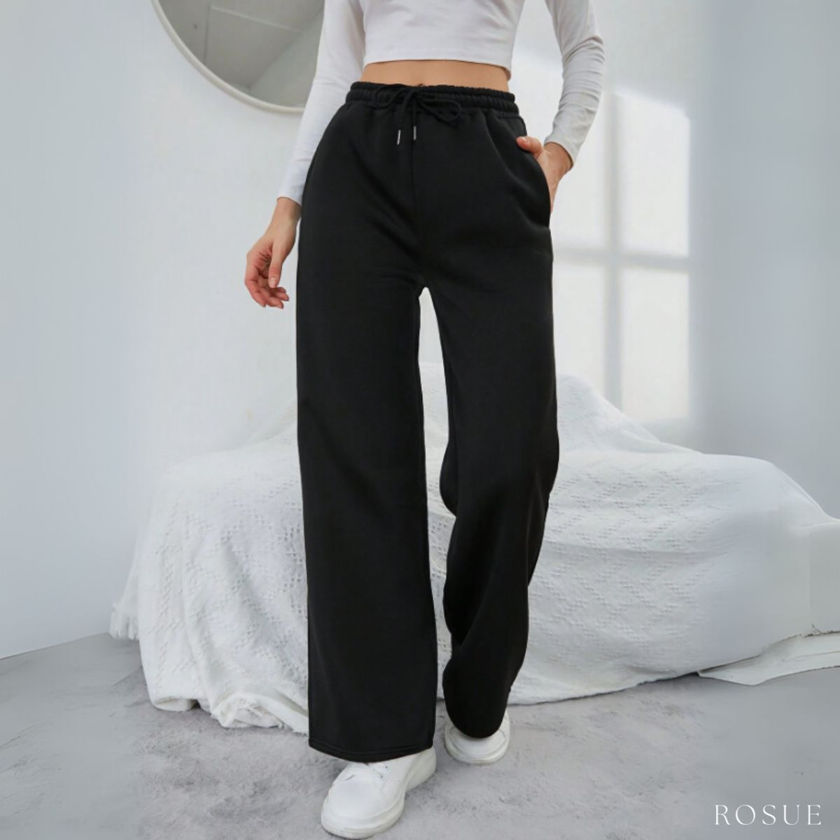 ROSUE - Pantalón Buzo de Franela con Bolsillos Mujer