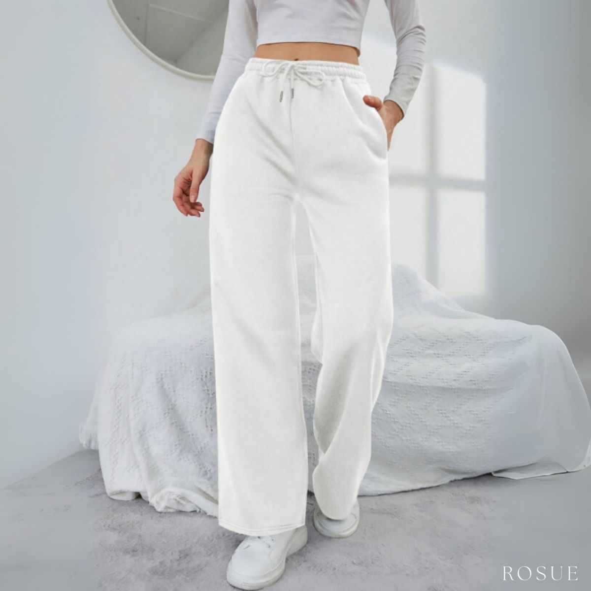 ROSUE - Pantalón Buzo de Franela con Bolsillos Mujer
