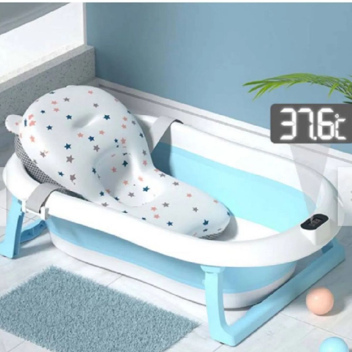 GENERICO - BAÑERA PLEGABLE CON TERMOMETRO MAS COJIN PARA BEBES VERDE