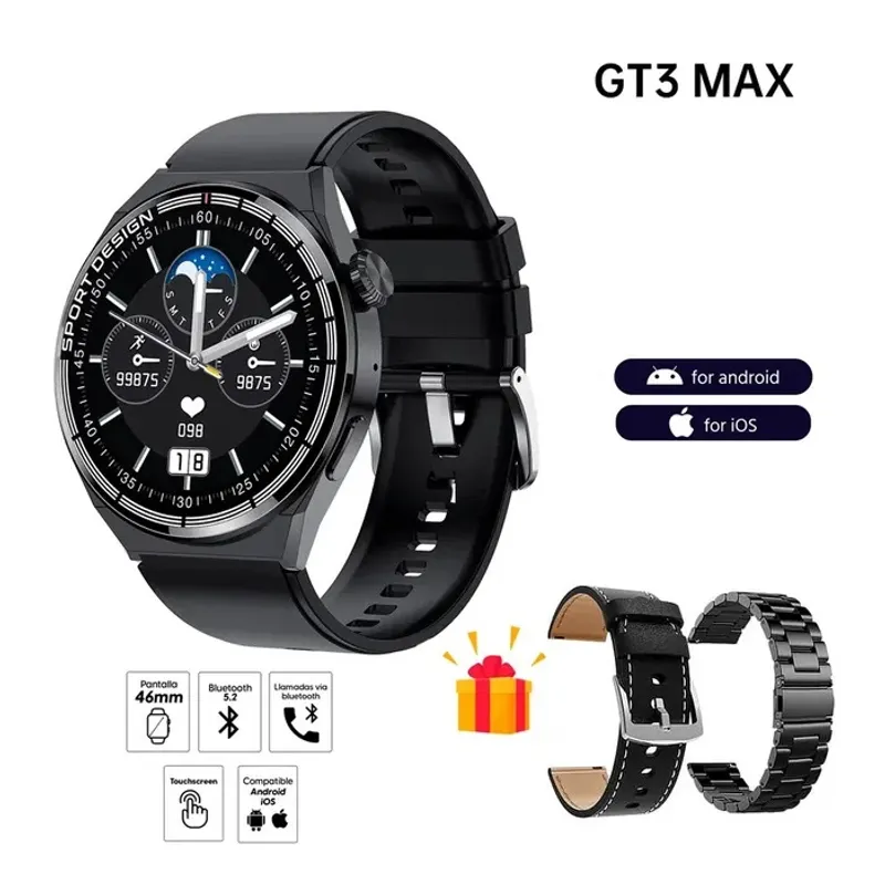 GENERICO - Smartwatch GT3 Max ChatGpt llamadas 3 Correas Intercambiables Negro